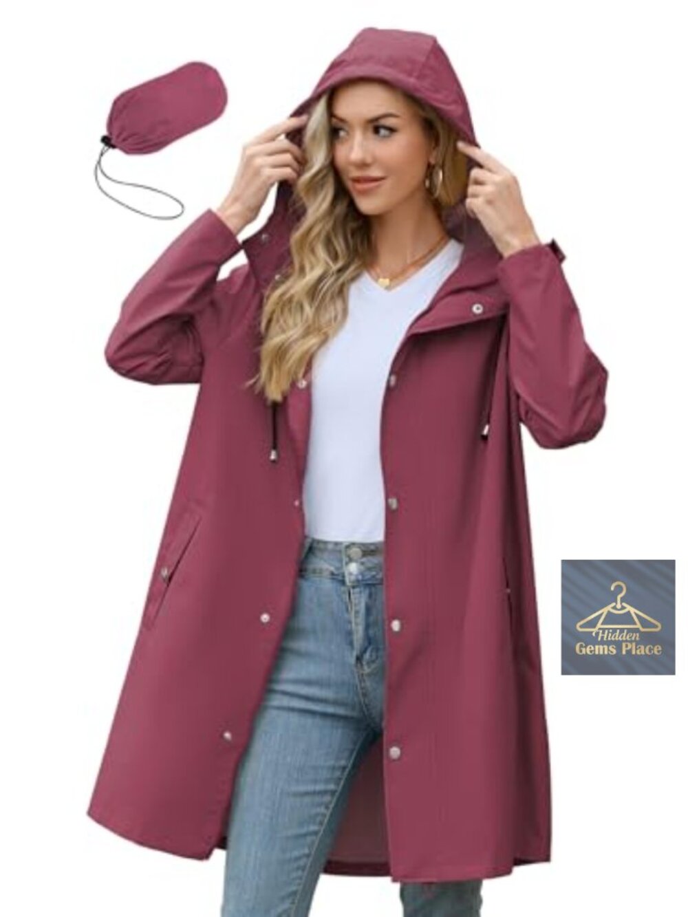 Waterproof Long Rain Jacket with Hood, Packable Lightweight Shell